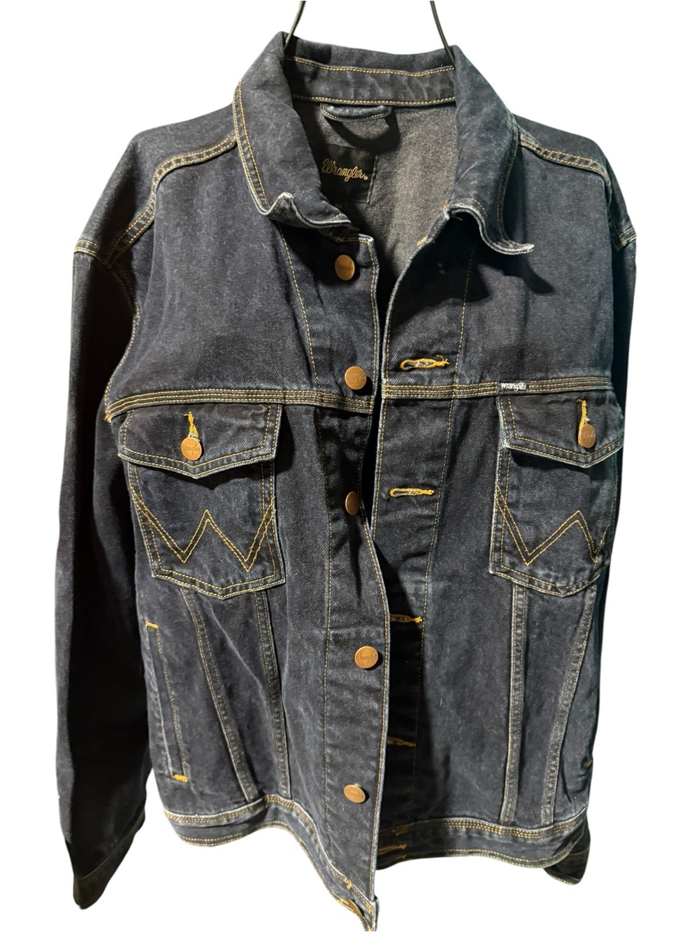 Wrangler Dark Gray Denim Trucker Jacket with Contrasting Gold Stitching